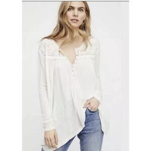 Free People To the Sea Lace Cream Oversized Long-Sleeve Henley Blouse Top, M